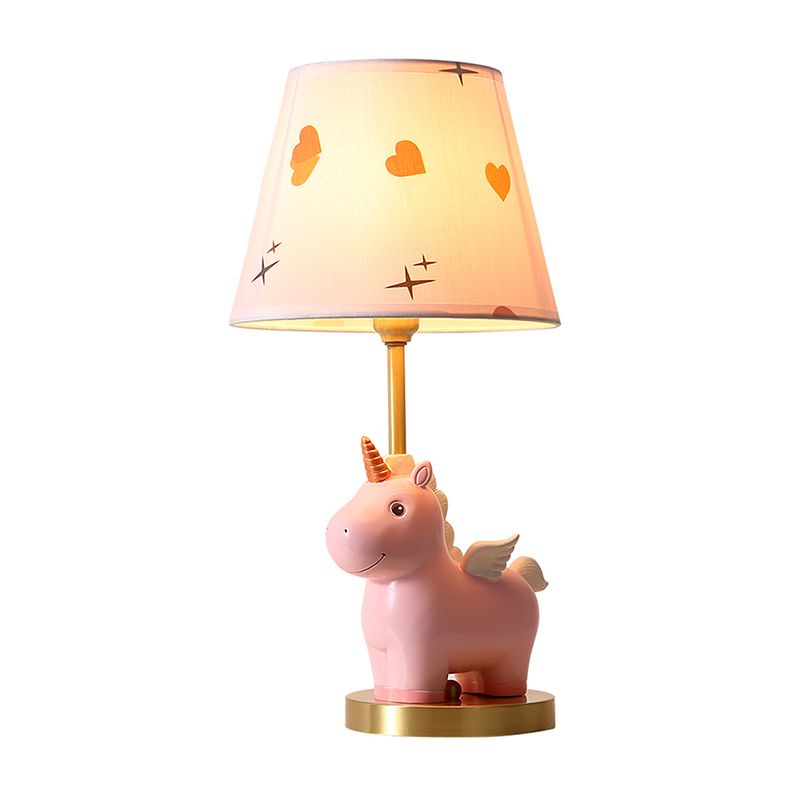 Bucket Table Lighting Kids Patterned Fabric 1-Light Nursery Nightstand Lamp with Resin Unicorn