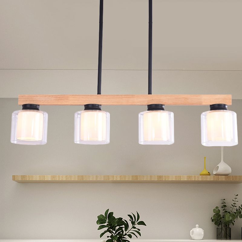 Double Glass Cylinder Shade Island Lighting Restaurant 3/4-Head Nordic Wooden Linear Pendant in White