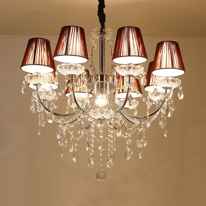 Kids Bedroom Lighting Crystal Chandelies  8 Light Fabric Shade Hanging Light in Nickel Finish