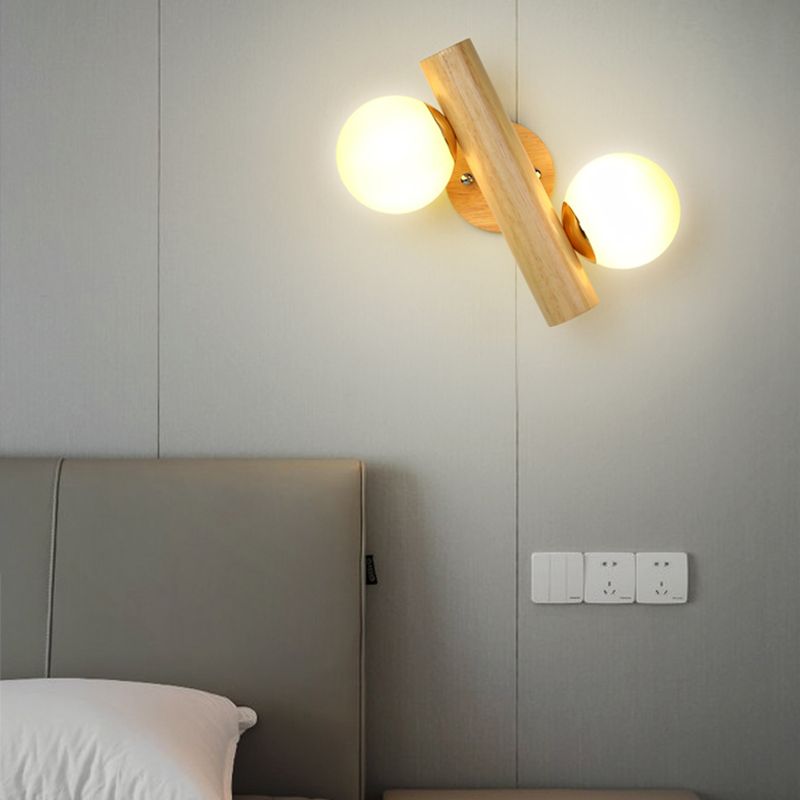 2-Light Wood Wall Lighting Modern Globe Wall Mounted Light Fixture with Glass Shade