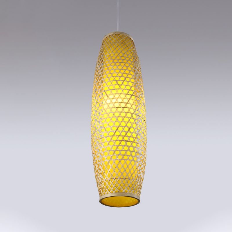 2 Layers Elongated Bamboo Hanging Pendant Asian 1 Head Beige Ceiling Suspension Lamp