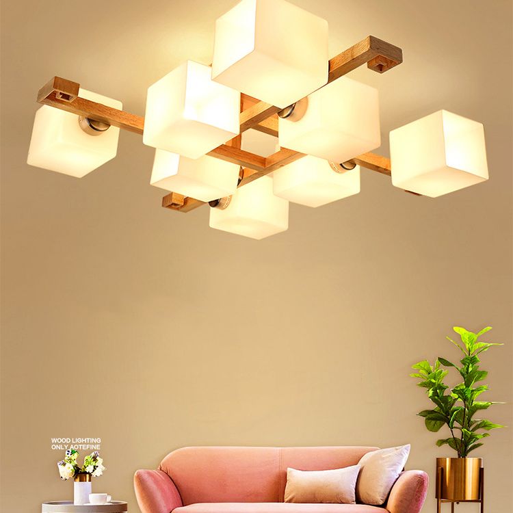 Rechteckholz halb Flush Mount Modern Moderne weiße Glasschatten Decke Spülhalterung für Restaurant