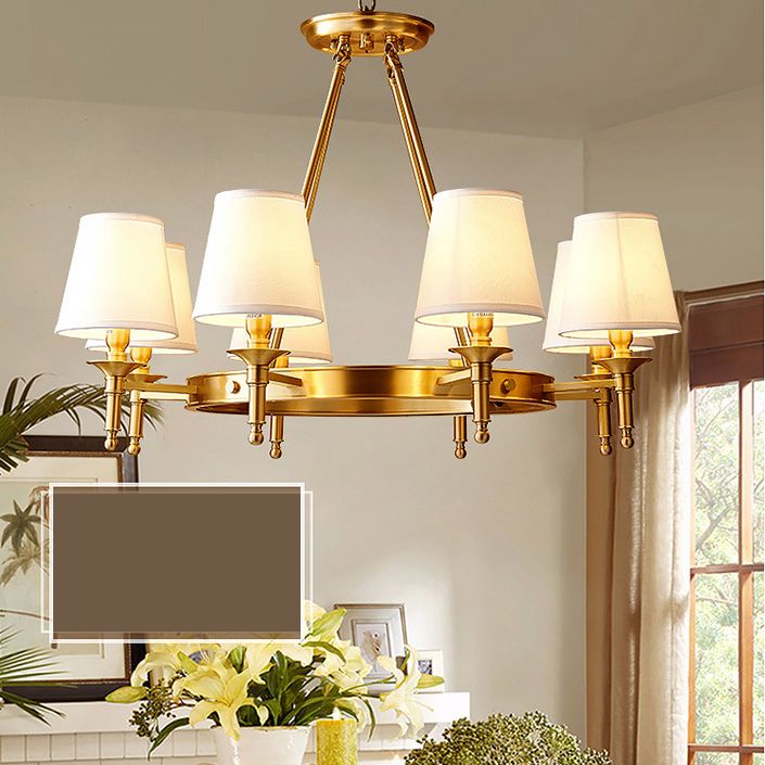 Post-Modern Wagon Wheel Hanging Chandelier Light White Linen Shade Ceiling Chandelier in Gold for Dining Table