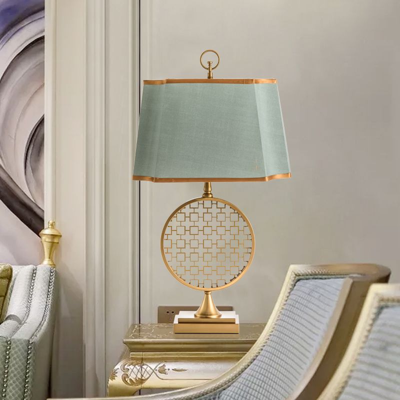 Chinese Style 1 Head Night Light Gold Drum Shape LED Desk Lamp with Green Fabric Shade