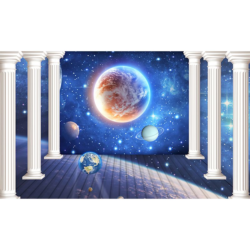 Blue Column and Galaxy Mural Stain-Resistant Wall Art for Office Room Decoration