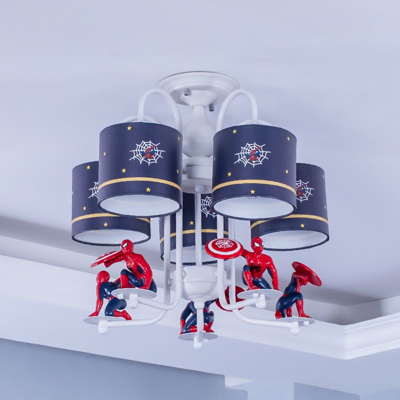 Azul Cilíndrico semi rascador de techo niños 5 luces 5 luces de montura de montura de tela con caricatura