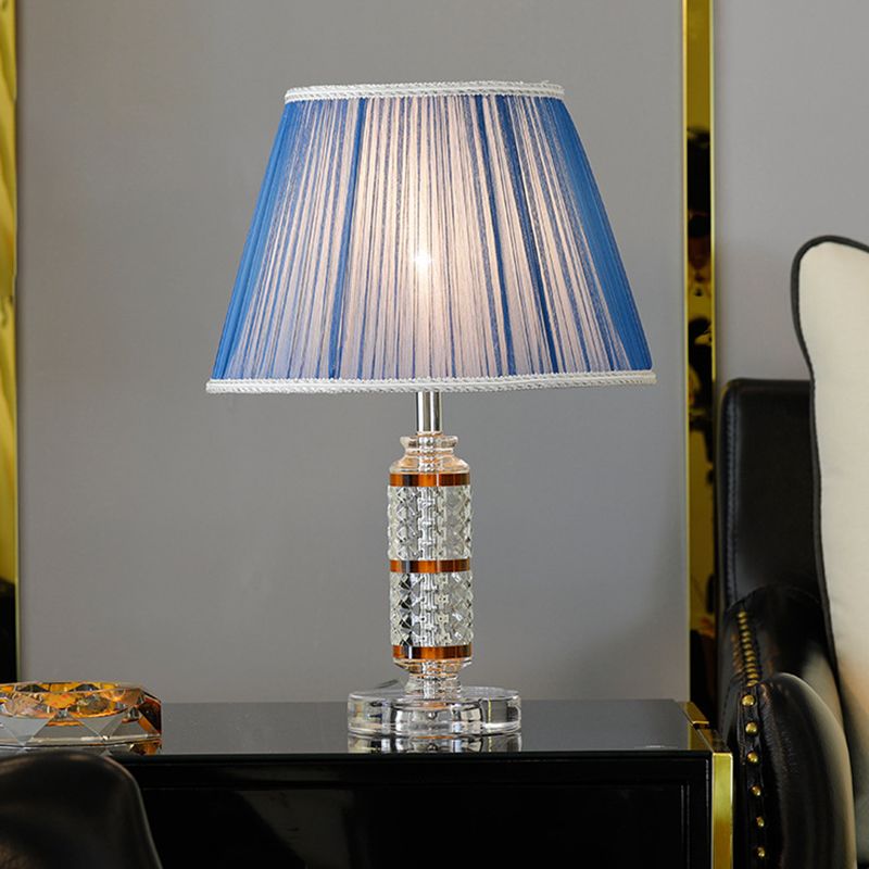 Beveled Crystal Conical Nightstand Lighting Modernist 1-Head Blue Night Table Light with Braided Trim