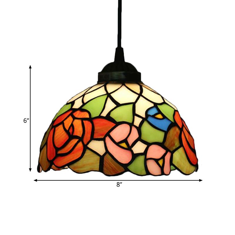 Victorian Floral Ceiling Pendant 1 Light Beige/Red/Pink Cut Glass Hanging Light Fixtures for Dining Room