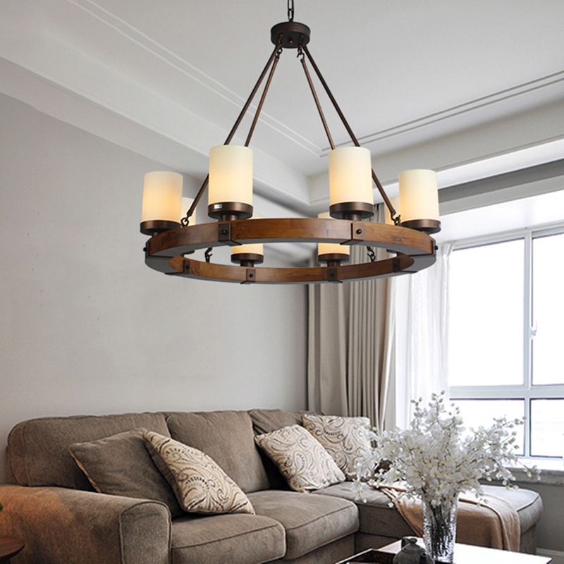Round Solid Wood Rustic Style Chandelier Cylindrical White Glass Shade Dining Room Lighting Fixture