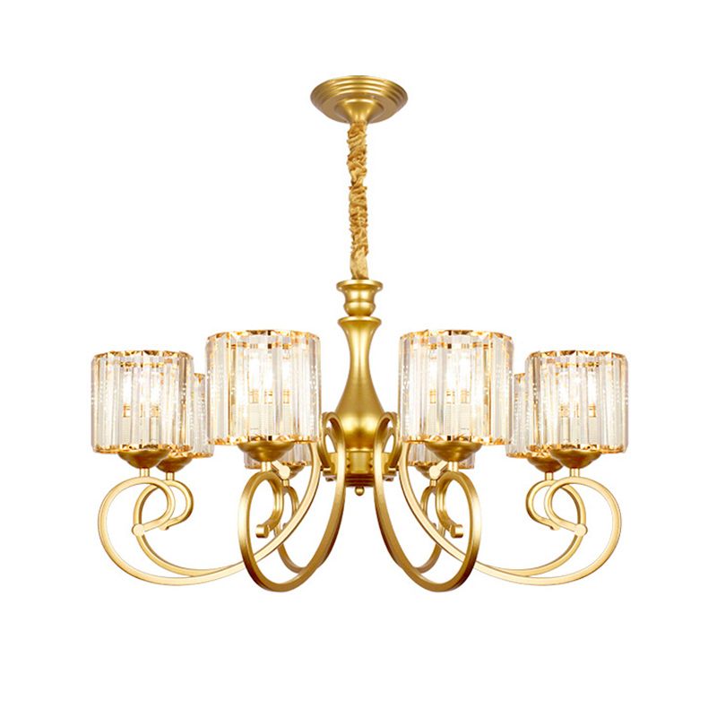 Vintage cilindrische kroonluchter verlichting 8-head Clear Crystal Block Suspension Light in goud