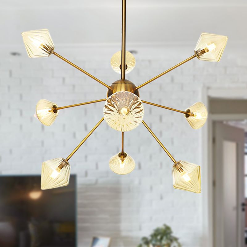 Clear/Amber Glass Diamond Hanging Chandelier Modernist 9 Bulbs LED Pendant Lamp in God with Sputnik Design
