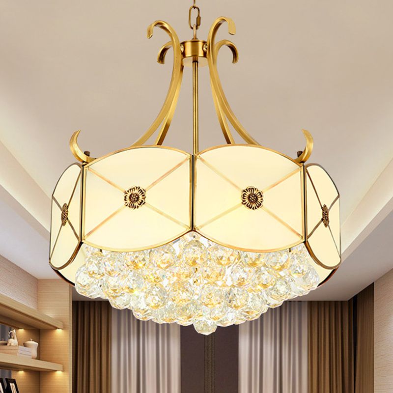 Drum Restaurant Ceiling Chandelier Colonial Ivory Glass 4 Heads Gold Hanging Light Fixture with Crystal Ball