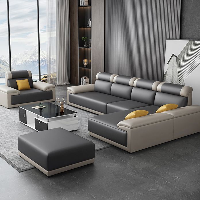 Contemporary Grey Sectional Sofa with Pillow Top Arm in Faux Leather