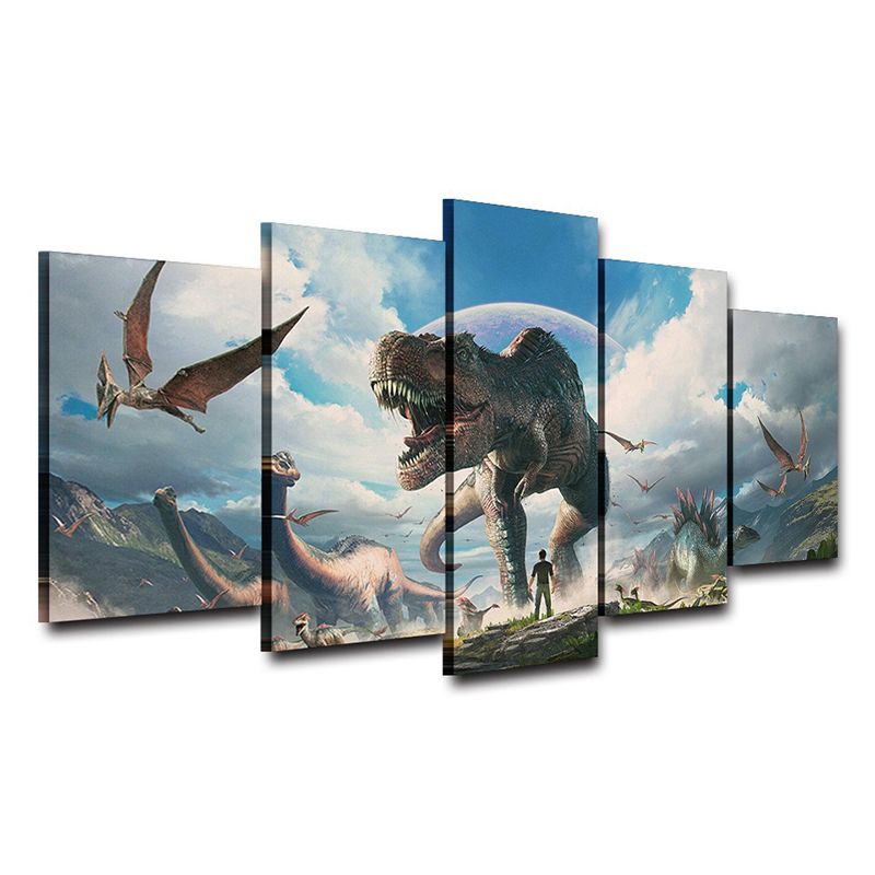 Fictional Dinosaurs Wall Decor Blue Jurassic Park Scene Canvas Art for Boys Bedroom