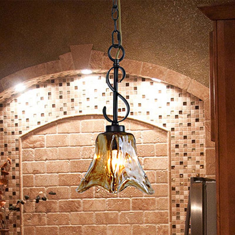 Flower Shape Dining Room Hanging Light Kit Traditional Tan Textured Glass 1 Light Black Pendant Lighting