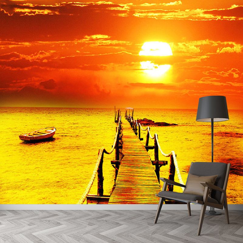 Sunset Bridge to Sea Murals Orange Contemporary Wall Decor for Living Room, Moisture Resistant
