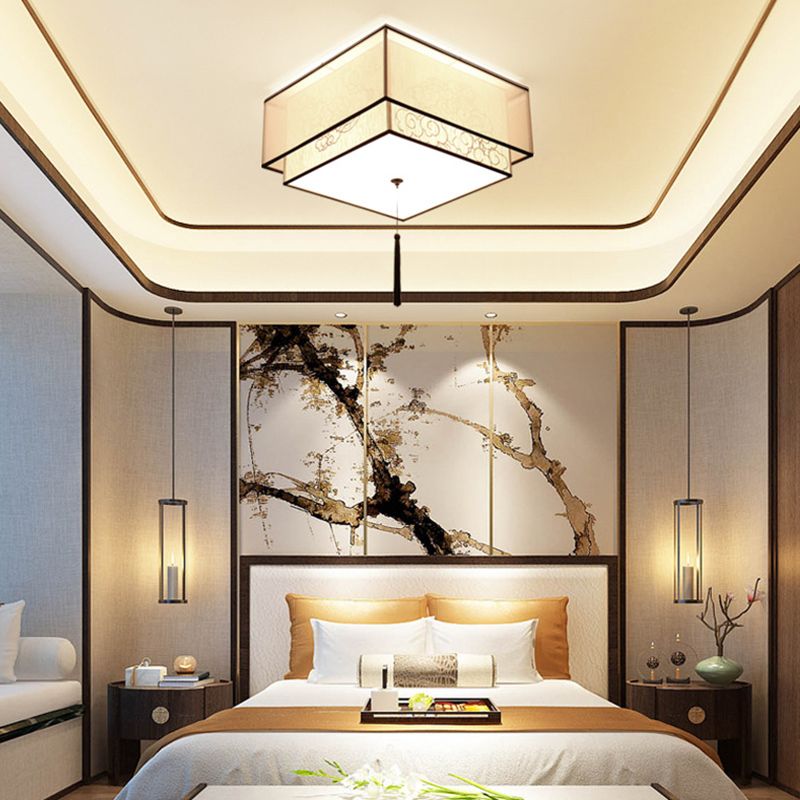 Geometric Living Room Flush Mount Ceiling Light Fixture Fabric Modern Flush Mount Lamp in White