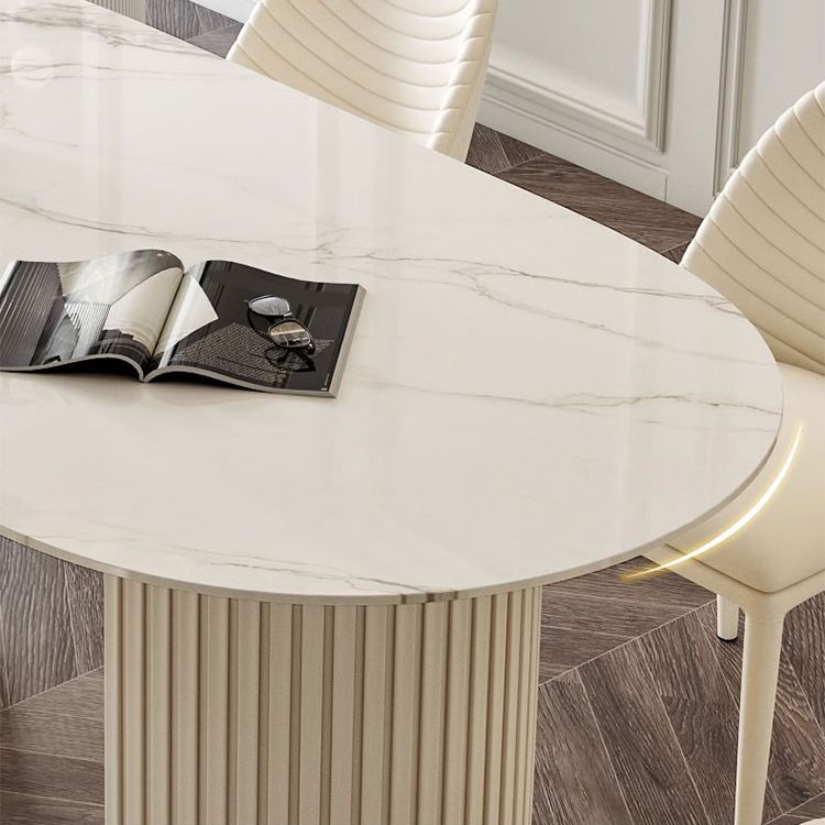 Linen White Finish Modern Oval Stone Top Dining Table with Double Pedestal Base