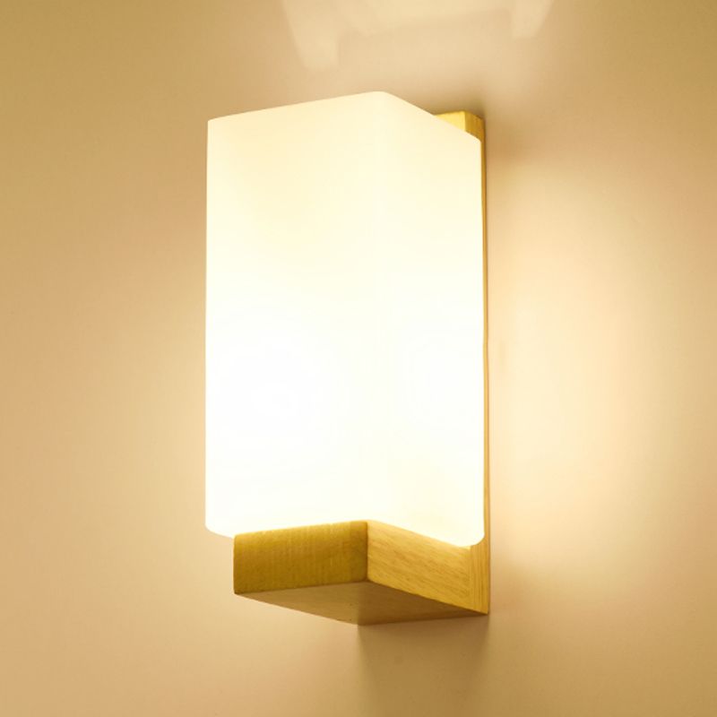 Nordic Wood Wall Light Cuboid 9" Wide Wall Sconce with White Glass for Bedroom