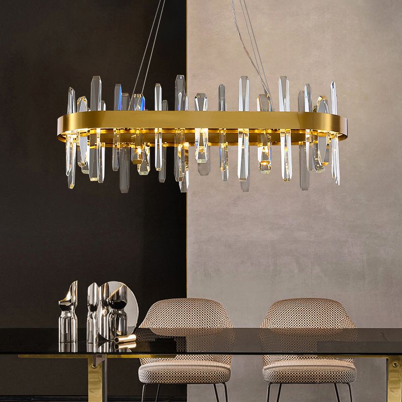 Edelstahl -Stahlschleife geformte Anhängerlampe postmoderne Gold Finish LED -Kronleuchter mit Kristall Eiszapfen