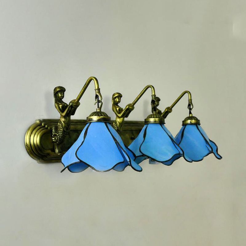 Tiffany Flower Wall Mount Light Fixture 3 Heads Pink/Blue Glass Sconce Lighting with Mermaid Decoration