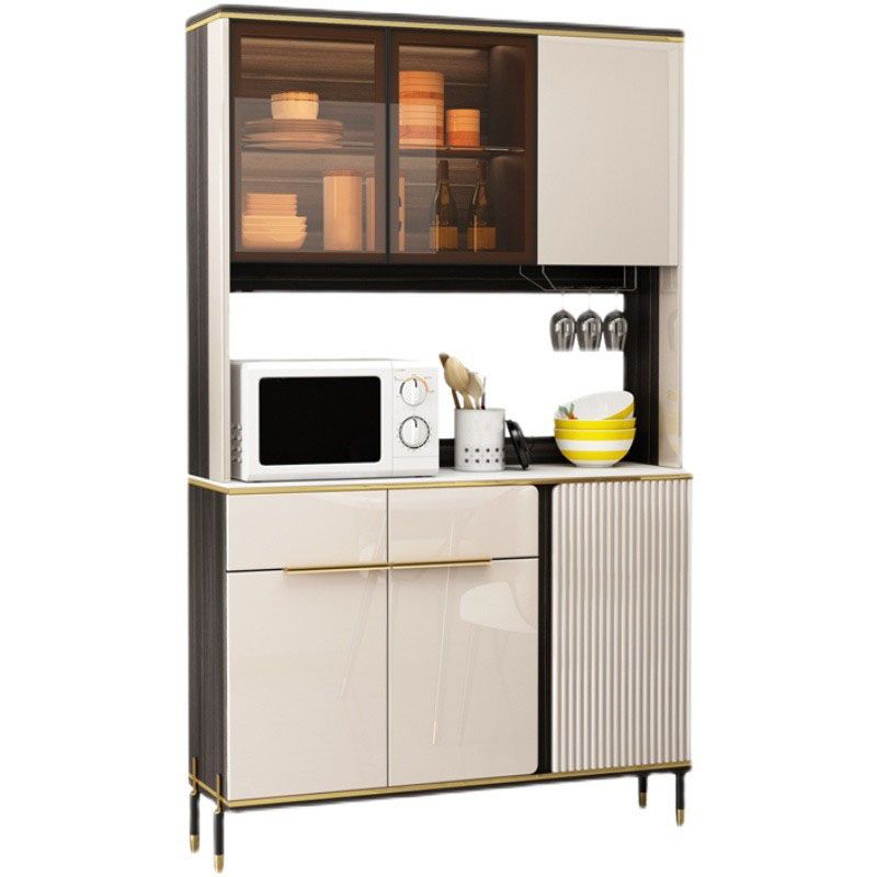 Contemporary Faux Wood Dining Hutch Glass Doors Storage Cabinet for Dining Room