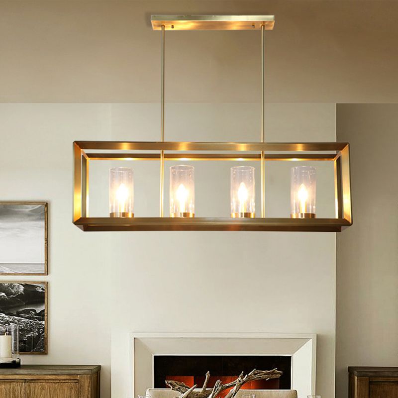 3/4 Bulbs Island Ceiling Light Colonial Cylindrical Clear Glass Suspension Lamp in Gold with Rectangle Metal Cage