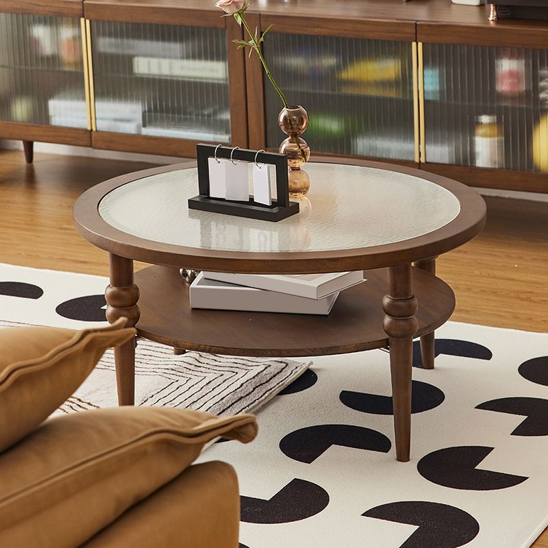 Modern Glass Top Coffee Table Solid Wood Brown Table with Storage