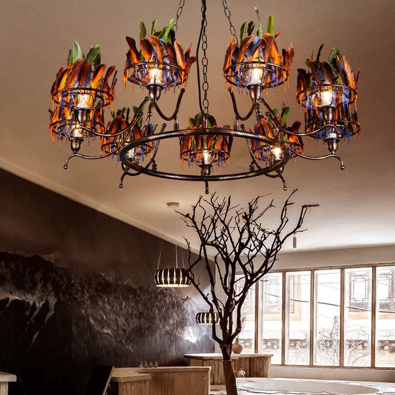 Copper Finish 9-Head Chandelier Lamp Traditional Iron Circular Suspension Pendant with Indian Feather Headwear Element