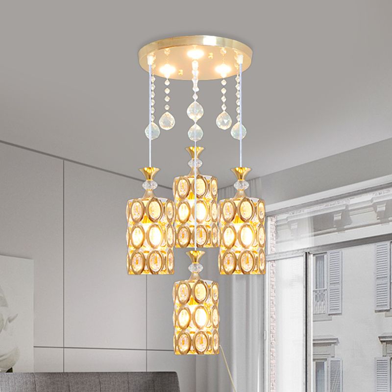 Crystal Encrusted Cylinder Multi-Light Pendant Modernist 4-Light Ceiling Suspension Lamp in Gold