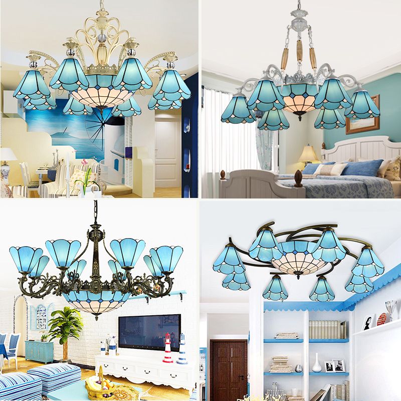 Blauw glas geschulpte kroonluchter mediterrane eetkamer plafond suspensielamp