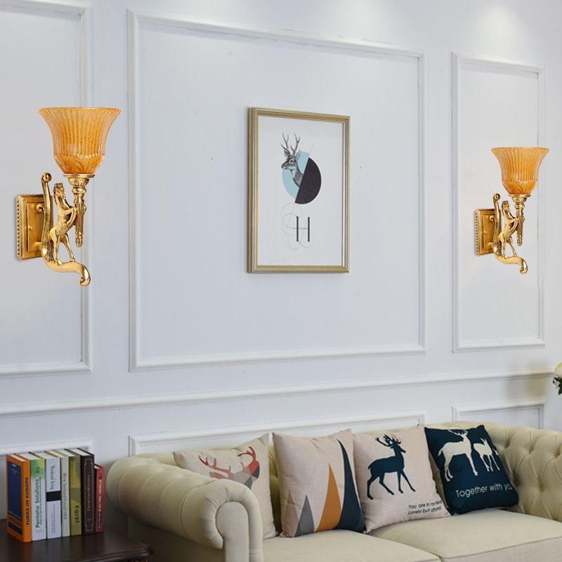 1 Bulb Resin Wall Lamp Retro Golden Steed Surface Wall Sconce with Upward Amber Carved Shade