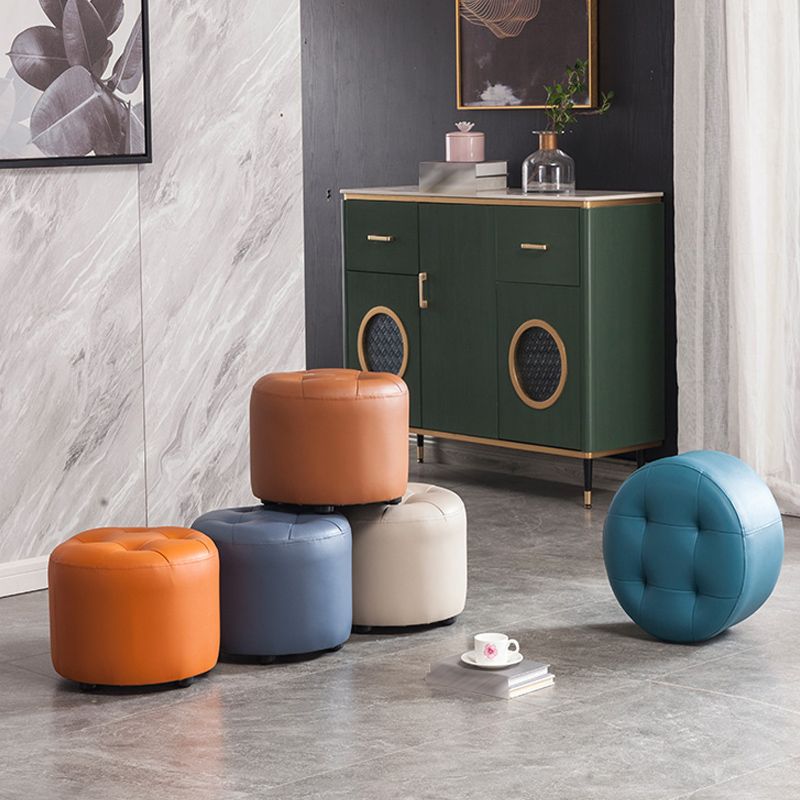 Modern Pouf Ottoman Faux Leather Upholstered Tufted Solid Color Cylinder Shape Ottoman