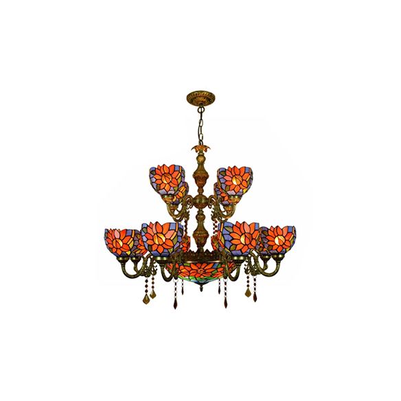 Country Bowl Hanging Light Stained Glass 15 Heads Chandelier in Orange Blue for Living Room
