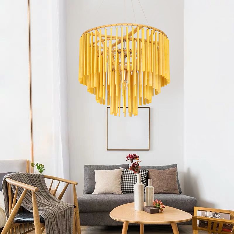 Tiered Chandelier Pendant Light Contemporary Bamboo 4 Heads Yellow Hanging Lighting for Restaurant