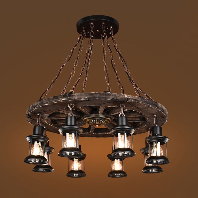 Wooden Wagon Wheel Chandelier Nautical 8-Bulb Dining Room Pendant Light Fixture with Lantern in Brown