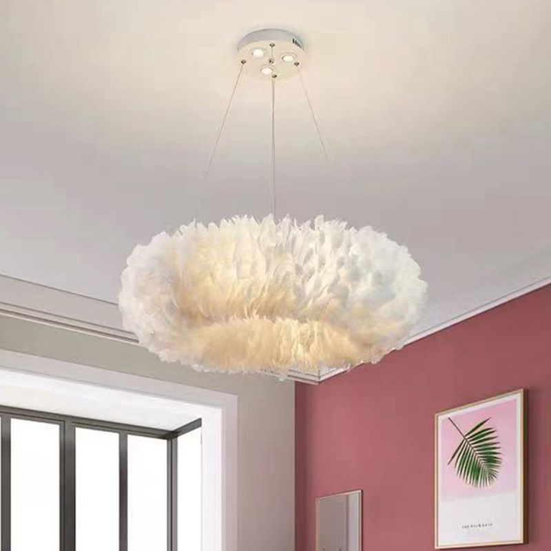 Feather Circle Chandelier Light Fixture Nordic Pendant Lighting Fixture in White