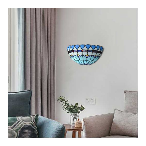 Baroque Bowl Wall Mount Light with/without Pull Chain Stained Glass 1 Light Wall Sconce Lighting in Blue