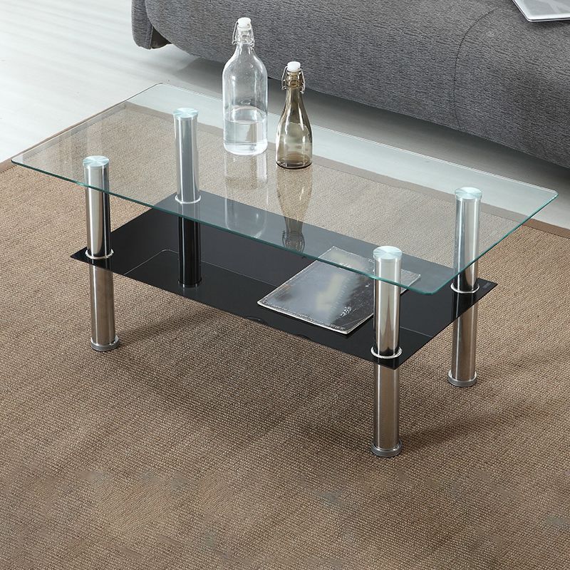 16.9" Tall Modern Stainless Steel 4 Legs Rectangular Glass Top Coffee Table with Shelf