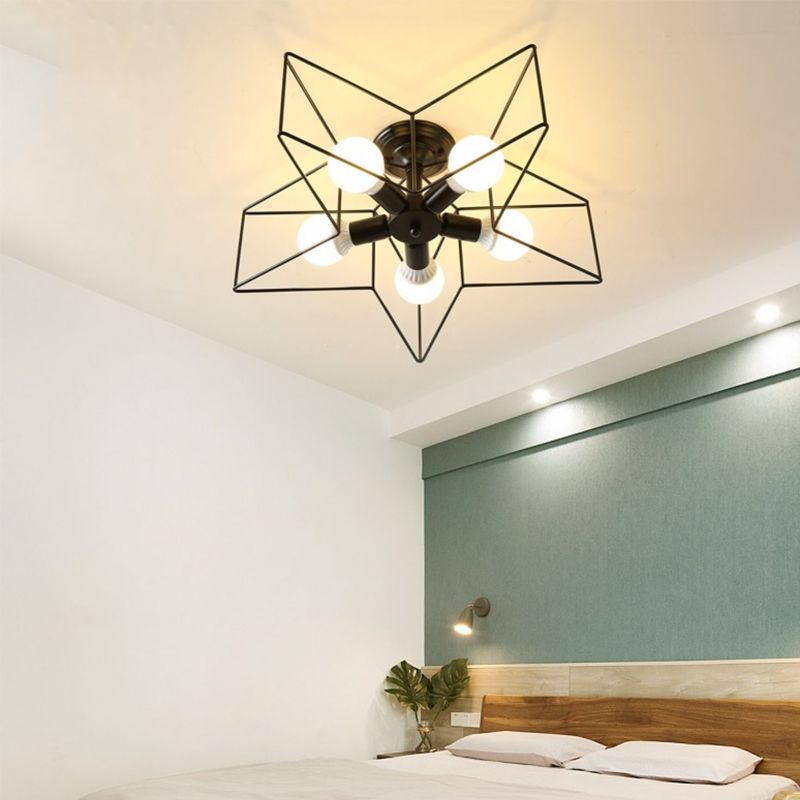 Industrial Star Flush Light Fixture Metal 5 Light Flush Mount Lighting in Black