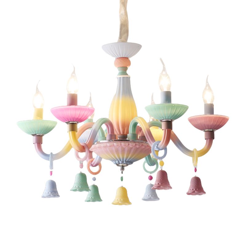 6 Lights Candle Hanging Light with Bell Deco Modern Glass Colorful Chandelier for Girl Bedroom