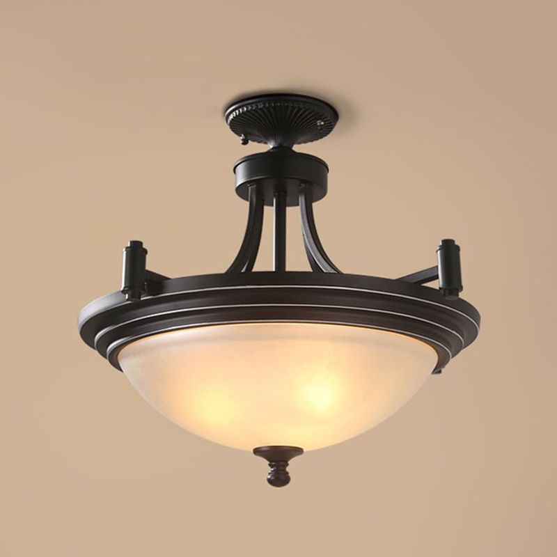 Bowl Shade Frost Glass Semi Flush Mount Vintage 3 Bulbs Entryway Ceiling Mounted Light in Black