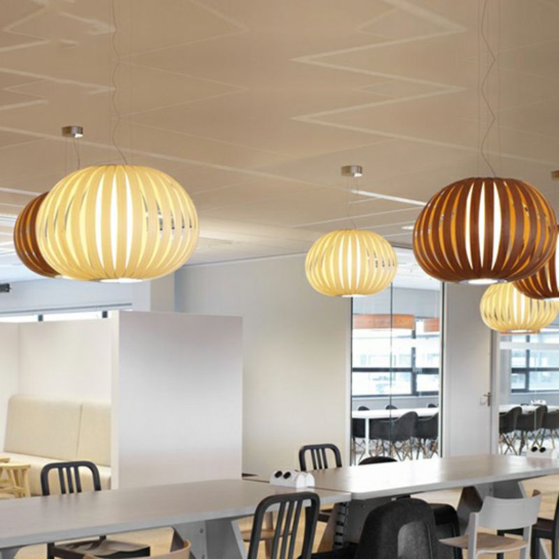Wood Veneer Global Pendant Lamp Asian 1 Head Suspended Lighting Fixture for Restaurant