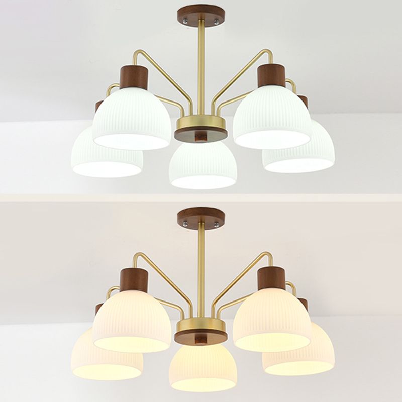 Modern Wood Flush Mount Dome Shape Ceiling Light with Glass Shade for Living Room