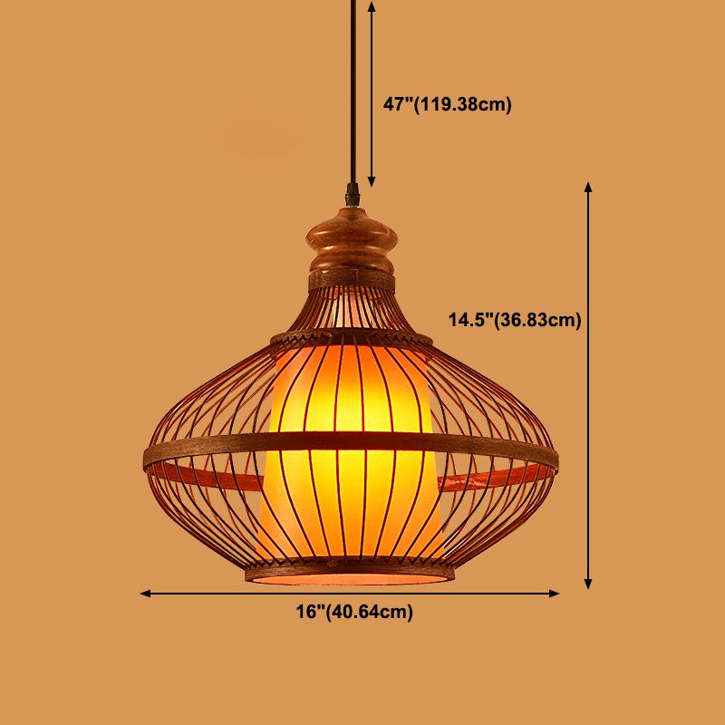 Chinese Style Bamboo Pendant Light Geometric Brown Hanging Pendant for Restaurant