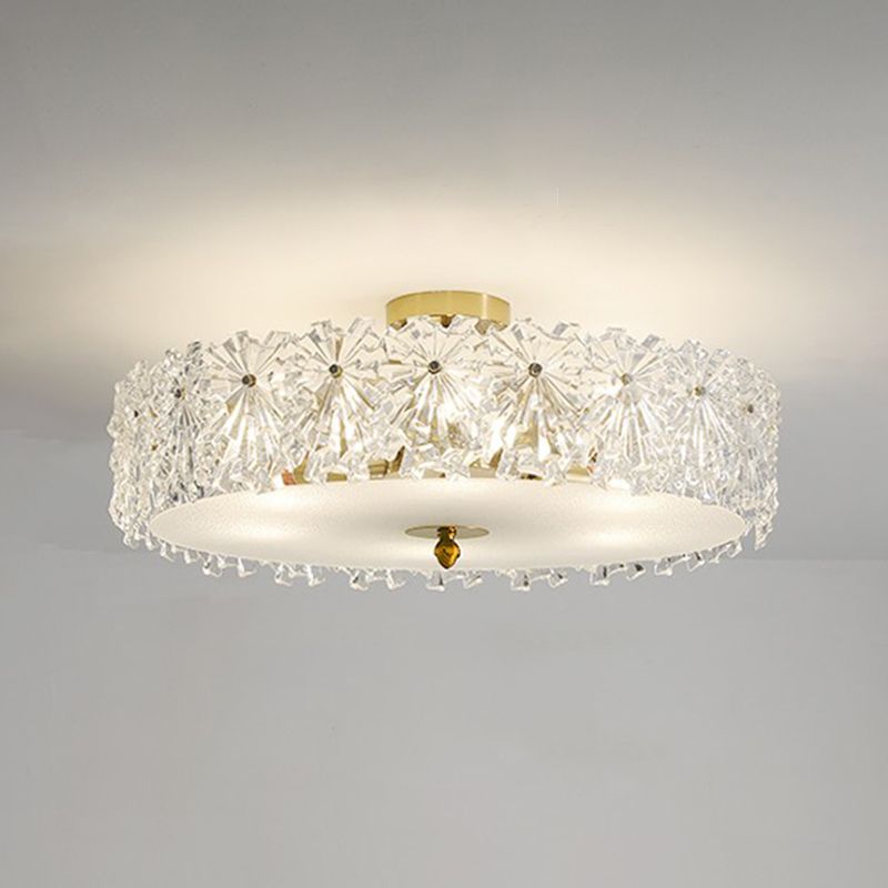 Gold Metal Semi Flush Mount Light Fixture Traditional Drum Bedroom Semi Flush Lamps with Glass Shade