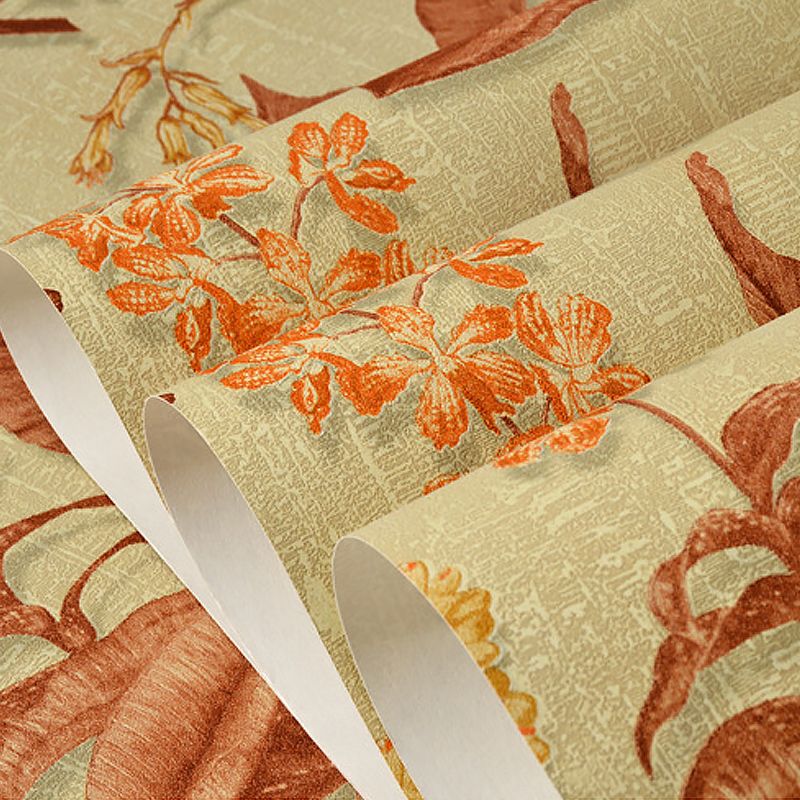 Smooth Non-Woven Wallpaper Rust Unpasted Wall Art with Banana Leaves Pattern for Accent Wall