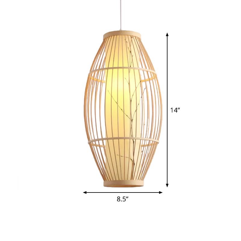 Aziatische 1-head hanger lichtarmatuur beige ovale plafond suspensie lamp met bamboeschaduw, 14 "/19.5" /31,5 "breed