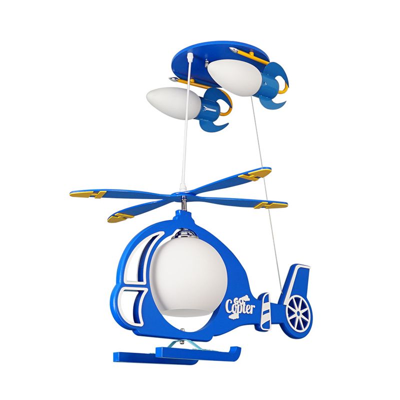 Copter Aircraft Boy's Room Ceiling Light Cream Glass 5-Light Kids Flush Mount Chandelier in Blue