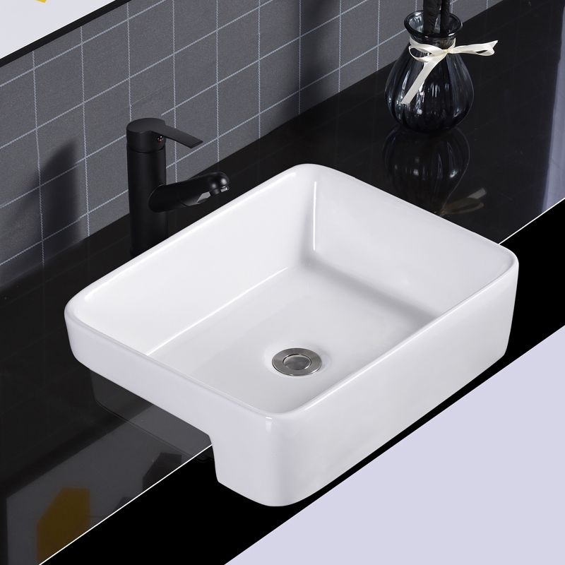 Modern Semi-Recessed Vessel Porcelain with Overflow And Drain Assembly Bathroom Sink